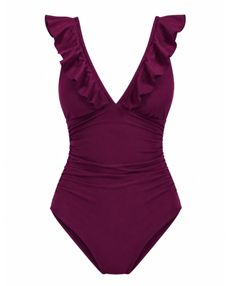 Ruffle  V-Neck Lace-Up One Piece Swimsuit
