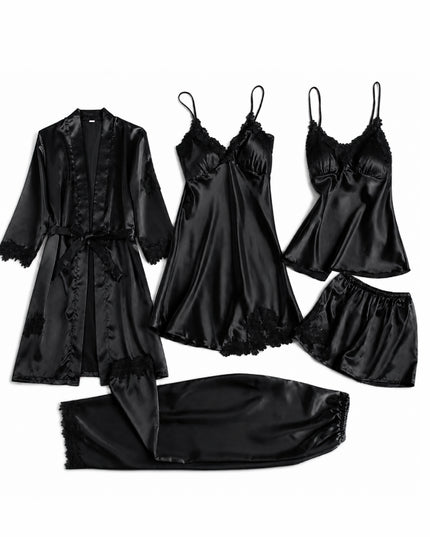 Black 5-Piece Satin Pyjama Set