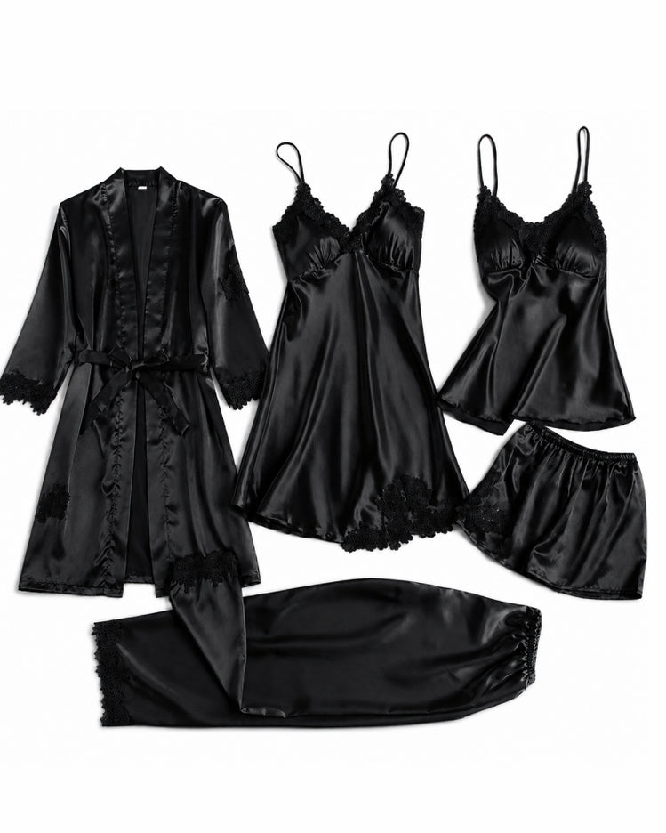 Black 5-Piece Satin Pyjama Set