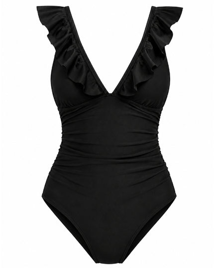 Ruffle  V-Neck Lace-Up One Piece Swimsuit