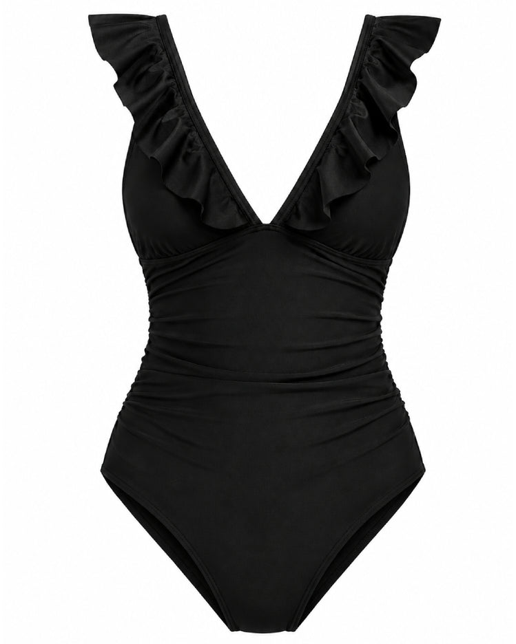 Ruffle  V-Neck Lace-Up One Piece Swimsuit