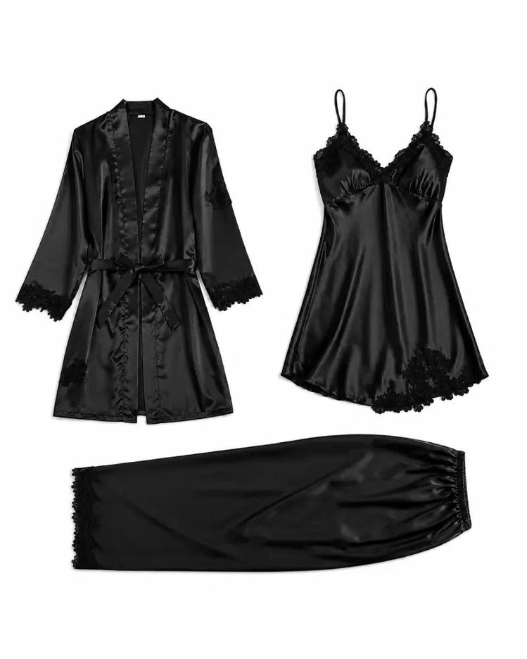 Black 5-Piece Satin Pyjama Set