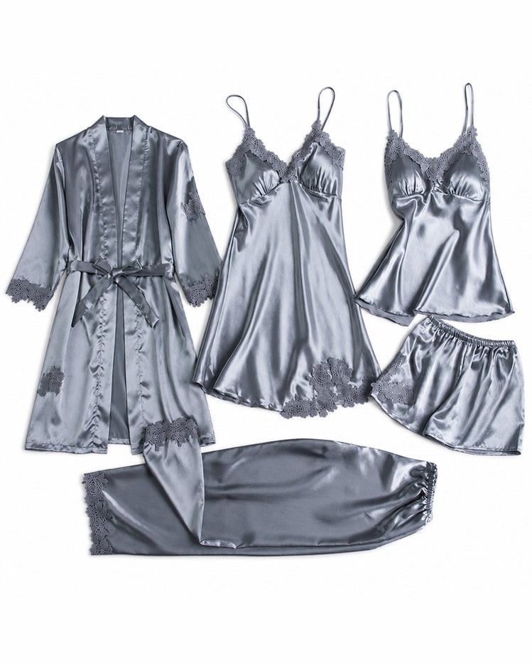 Silver 5-Piece Satin Pyjama Set