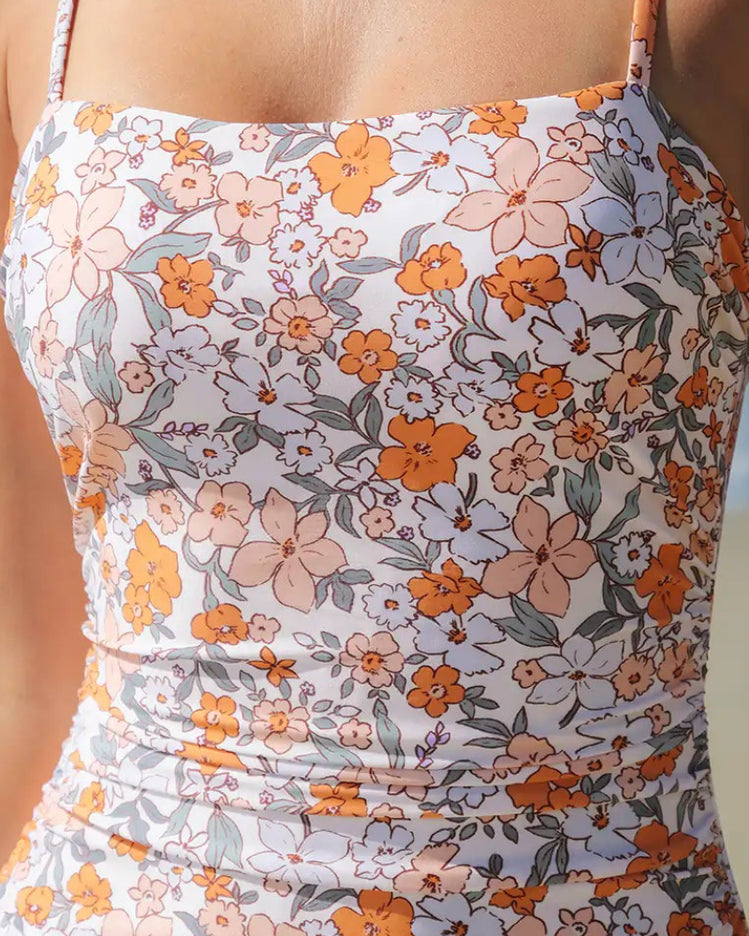 Retro Floral Square Neck Tummy Control One-Piece