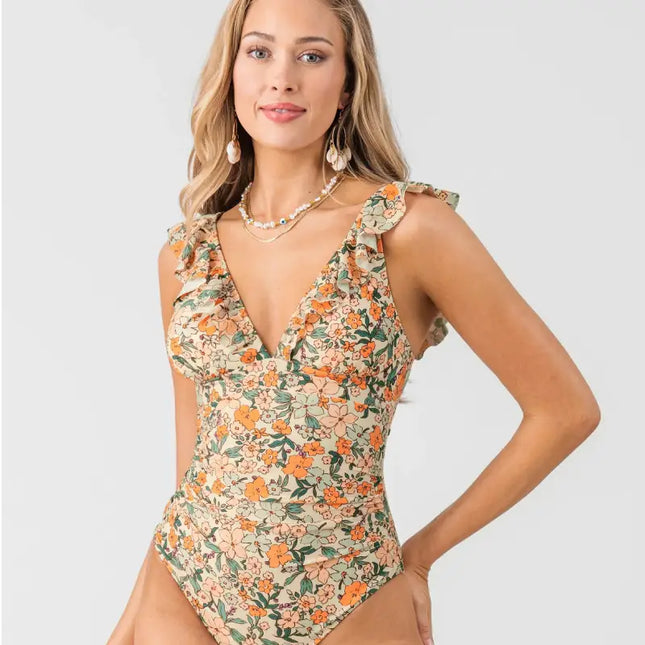 Ruffle  V-Neck Lace-Up One Piece Swimsuit