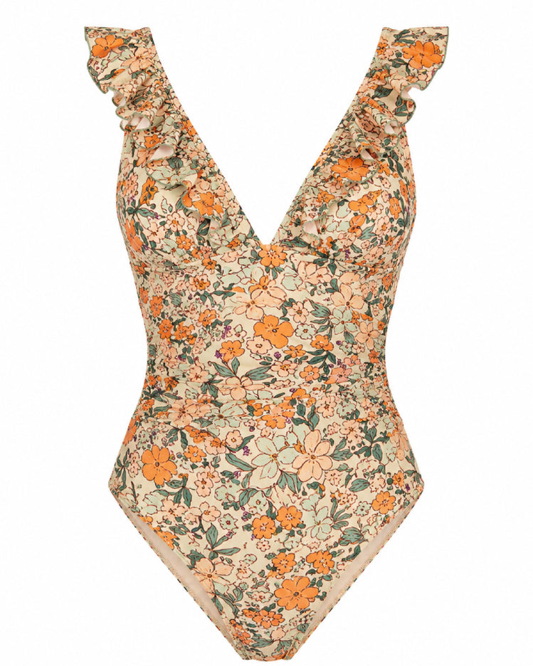 Ruffle  V-Neck Lace-Up One Piece Swimsuit