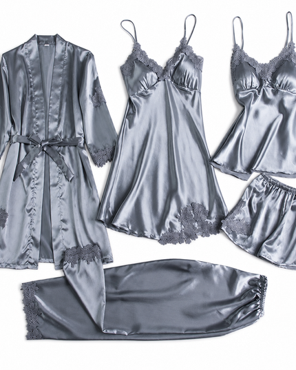 Silver 5-Piece Satin Pyjama Set