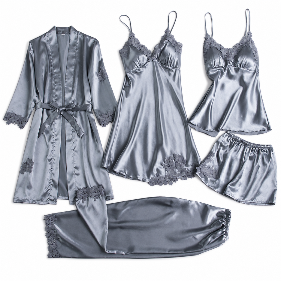 Silver 5-Piece Satin Pyjama Set