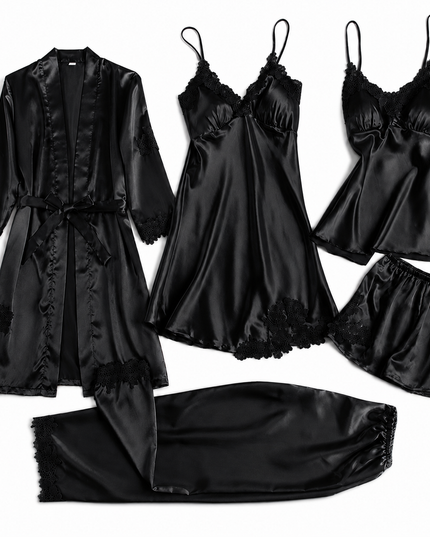 Black 5-Piece Satin Pyjama Set