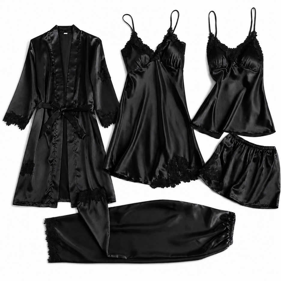 Black 5-Piece Satin Pyjama Set