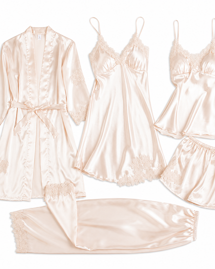Champagne 5-Piece Satin Pyjama Set