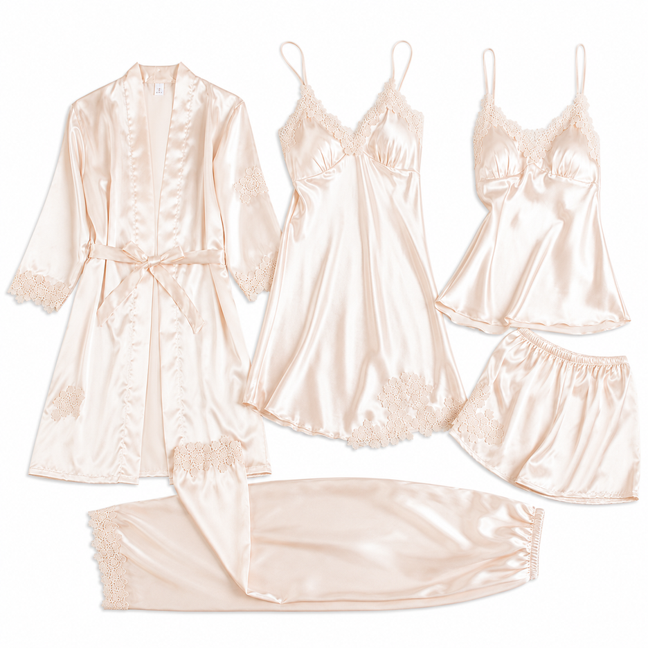 Champagne 5-Piece Satin Pyjama Set