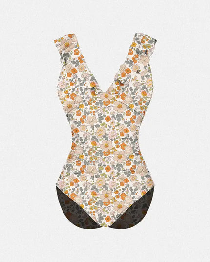 Ruffle  V-Neck Lace-Up One Piece Swimsuit