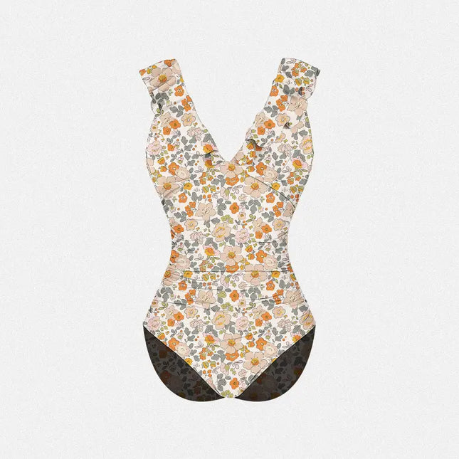 Ruffle  V-Neck Lace-Up One Piece Swimsuit