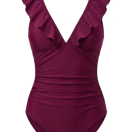Ruffle  V-Neck Lace-Up One Piece Swimsuit
