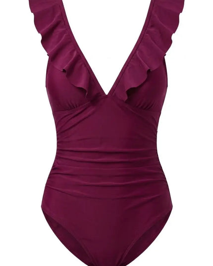 Ruffle  V-Neck Lace-Up One Piece Swimsuit