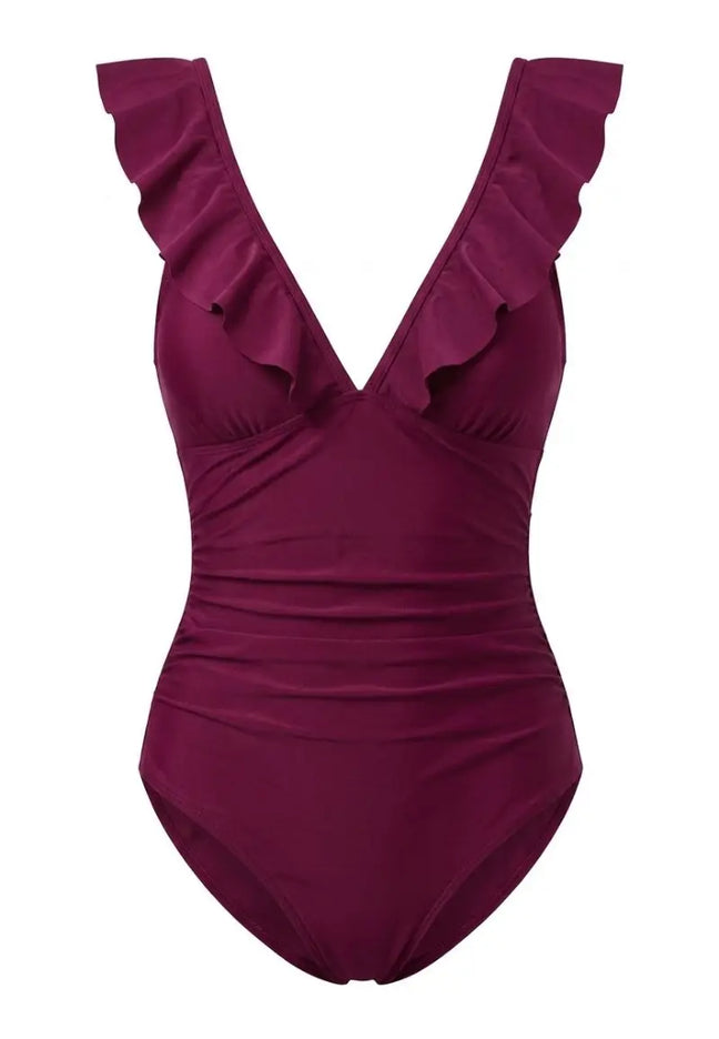 Ruffle  V-Neck Lace-Up One Piece Swimsuit